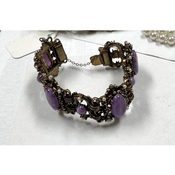Unsigned Selro Selini antique 1837- 1901 Bronze Bracelet Purple Cabochon Stone - Picture 2 of 8